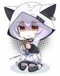  1girl :o animal_hood artist_name azuma_lim azuma_lim_channel bangs black_legwear black_skirt brown_hair cat_hood chibi ear_piercing eyebrows_visible_through_hair hair_between_eyes holding hood hood_up hoodie long_hair long_sleeves parted_lips piercing pleated_skirt puffy_long_sleeves puffy_sleeves silver_hair sitting skirt sleeves_past_wrists solo tanyatonya thigh-highs toeless_legwear translation_request very_long_hair virtual_youtuber wariza white_hoodie 