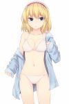  1girl alice_margatroid ass_visible_through_thighs bare_shoulders bikini blonde_hair blue_eyes blue_jacket breasts cleavage collarbone commentary_request cowboy_shot hairband hood hooded_jacket jacket lolita_hairband long_sleeves looking_at_viewer medium_breasts miyo_(ranthath) navel off_shoulder parted_lips red_hairband short_hair side-tie_bikini solo standing stomach swimsuit touhou white_bikini 