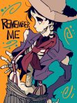  1boy bandanna black_hair brown_eyes coco_(disney) disney hat hector_rivera short_hair skeleton skull smile solo straw_hat suspenders 