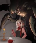  1girl alcohol candle chair cup dress drinking_glass less monster original pointy_ears scar smile strapless strapless_dress table white_hair wine wine_glass 