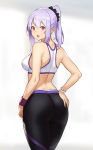  1girl ass bangs bare_shoulders from_behind gradient gradient_background hand_on_hip houtengeki lavender_hair long_hair looking_at_viewer looking_back midriff open_mouth original pants pointy_ears ponytail sidelocks simple_background sleeveless smile solo sports_bra violet_eyes wristband yoga_pants 