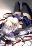 1girl arm_up bangs bare_shoulders bed_sheet black_gloves black_legwear black_ribbon blue_dress blush breasts cleavage commentary_request covered_nipples dress elbow_gloves eyebrows_visible_through_hair fate/apocrypha fate/grand_order fate_(series) flower gloves hair_between_eyes hair_flower hair_ornament hair_ribbon jeanne_d&#039;arc_(alter)_(fate) jeanne_d&#039;arc_(fate)_(all) long_hair looking_at_viewer lying medium_breasts on_back parted_lips pon_(ponidrop) purple_flower purple_rose red_ribbon ribbon rose silver_hair smile solo strapless strapless_dress thigh-highs yellow_eyes 