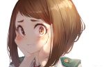  1girl bangs blush boku_no_hero_academia brown_eyes brown_hair cheek_squash clenched_teeth fingernails hakura_kusa hands_on_own_cheeks hands_on_own_face hands_up looking_at_viewer medium_hair portrait shade shiny shiny_hair sidelocks signature simple_background solo sunlight swept_bangs teeth u.a._school_uniform uraraka_ochako white_background 