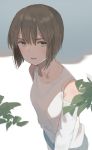  1girl bangs blue_shorts blurry blurry_foreground brown_eyes brown_hair depth_of_field full_body hagiwara_yukiho idolmaster leaf long_sleeves looking_at_viewer mxwbr parted_lips shirt short_hair shorts shoulder_cutout solo standing upper_body white_shirt 