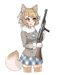  1girl absurdres animal_ears beretta_model_38 cowboy_shot eyebrows_visible_through_hair fang fur_collar gloves grey_hair gun highres italian_wolf_(kemono_friends) kemono_friends light_brown_hair long_sleeves mab_38 multicolored_hair necktie omnisucker open_mouth plaid plaid_neckwear plaid_skirt pleated_skirt short_hair skirt sleeve_cuffs solo tail thigh-highs weapon wolf_ears wolf_tail 