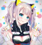  1girl animal_ears ao+beni bangs blue_eyes blush breasts cat_ears claw_pose cleavage_cutout d-pad d-pad_hair_ornament fake_animal_ears grey_hair hair_ornament hairpin hands_up kaguya_luna kaguya_luna_(character) looking_at_viewer medium_breasts multicolored multicolored_nail_polish nail_polish ribbon sidelocks sleeveless smile solo turtleneck twintails upper_body wrist_cuffs wrist_ribbon 