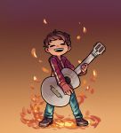  1boy absurdres acoustic_guitar black_hair blush_stickers closed_eyes coco_(disney) dark_skin disney guitar highres hood instrument miguel_rivera music open_mouth petals playing_instrument short_hair smile 