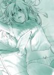  1girl bed bow bow_panties commentary_request fang green hair_bow highres kantai_collection lying monochrome on_back on_bed panties parted_lips short_sleeves solo tone_(kantai_collection) two_side_up underwear upper_body yami_(m31) 