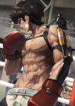  6+boys abs bandage black_hair boxing_gloves eyepatch facial_hair gansatsu_nanbu highres inside jhc_kai joe_(megalo_box) looking_to_the_side male_focus megalo_box middle_finger multiple_boys muscle mustache navel scar shorts sideburns 