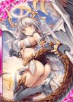  1girl akkijin angel ass blue_sky breasts card_(medium) claws crying demon_girl demon_wings dragon_horns dragon_tail embarrassed flower gate gauntlets halo holding holding_lance holding_weapon horns lance large_breasts looking_at_viewer official_art polearm shinkai_no_valkyrie silver_hair sky sunlight tail weapon wings yellow_eyes 