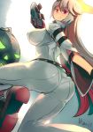  1girl ass ball_and_chain belt blonde_hair breasts grin guilty_gear guilty_gear_xrd halo highres jack-o&#039;_valentine large_breasts long_hair looking_at_viewer looking_back mask pants red_eyes ryuji_(red-truth) signature smile solo thighs tight tight_pants very_long_hair 
