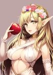  1girl apple arm_up blonde_hair breasts choker cleavage detached_sleeves dress elf flower food fruit gogatsu_no_renkyuu head_wreath holding long_hair o-ring open_mouth original pointy_ears smile solo upper_body white_dress yellow_eyes 