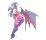  1girl absurdres animal_print aqua_hair ass backless_outfit bat_print breasts cleavage demon_girl full_body hand_on_thigh head_wings high_heel_boots high_heels highres large_breasts leaning_forward leotard looking_at_viewer morrigan_aensland pantyhose print_legwear simple_background solo succubus vampire_(game) watermark web_address white_background wings xavier_houssin 