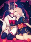  2girls :d absurdres black_hair black_kimono black_legwear blue_eyes bow breasts brown_hair choker cleavage collarbone fangs fate/grand_order fate_(series) hair_between_eyes hair_bow hair_ornament hair_over_one_eye hand_on_another&#039;s_cheek hand_on_another&#039;s_face hand_on_another&#039;s_leg highres horns japanese_clothes kimono mash_kyrielight multiple_girls nail_polish nestea obi open_mouth pink_nails red_bow red_eyes sash short_hair shuten_douji_(fate/grand_order) sitting small_breasts smile thigh-highs white_kimono white_skin 