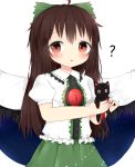  1girl :o ? ahoge antidote bird_wings blouse blush bow breasts brown_hair cape cat cowboy_shot eyebrows_visible_through_hair feathered_wings green_skirt hair_between_eyes hair_bow holding holding_cat kaenbyou_rin kaenbyou_rin_(cat) long_hair looking_at_viewer puffy_short_sleeves puffy_sleeves red_eyes reiuji_utsuho short_sleeves simple_background skirt small_breasts solo space_print starry_sky_print third_eye touhou white_background white_blouse wings 
