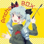  1girl anchovy anzio_military_uniform back bangs belt black_ribbon character_name commentary_request drill_hair english from_behind girls_und_panzer green_hair grey_jacket hair_ribbon highres holding jacket long_hair looking_at_viewer looking_back military military_uniform red_eyes ribbon riding_crop sam_browne_belt solo standing twin_drills twintails uniform upper_body yellow_background zarameru_(tsukumo) 