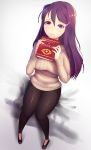  1girl beige_sweater black_pants blush book casual commission doki_doki_literature_club from_above full_body hair_between_eyes hair_ornament hairclip highres holding holding_book knees_together_feet_apart long_hair long_sleeves looking_at_viewer pants purple_hair ribbed_sweater sitting solo sweater thigh_gap tsukimaru violet_eyes yuri_(doki_doki_literature_club) 