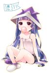  1girl bangs bare_arms bare_shoulders black_shorts blush bubble_blowing camisole chewing_gum collarbone commentary_request hat highres koinobori long_hair looking_at_viewer paper_hat paper_kabuto pikomarie purple_footwear purple_hair purple_hat puzzle_&amp;_dragons shoe_soles shoes short_shorts shorts solo strap_slip v-shaped_eyebrows very_long_hair violet_eyes white_camisole yomi_(p&amp;d) 