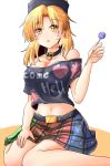  1girl :o bare_shoulders black_shirt blonde_hair blush breasts candy clothes_writing collar collarbone eyebrows_visible_through_hair food hand_up hecatia_lapislazuli highres holding_lollipop large_breasts lollipop looking_at_viewer medium_hair midriff multicolored multicolored_clothes multicolored_skirt navel off_shoulder oshiaki parted_lips plaid plaid_skirt polos_crown print_shirt shirt simple_background sitting skirt solo t-shirt touhou wariza white_background yellow_eyes 
