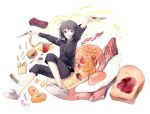  1girl :d antenna_hair bacon black_hair black_shirt black_shorts candy_wrapper collared_shirt commentary_request doughnut food fork french_kiss fried_egg fruit hamburger holding holding_fork holding_knife kiss knife long_hair long_sleeves looking_at_viewer miyanoyori muffin open_mouth original shirt shorts slice_of_bread smile solo strawberry tempura violet_eyes 