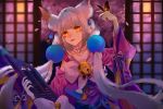  1girl animal_ears artist_request bangs bell braid bug butterfly cat_ears cat_girl character_request choker commentary_request hair_ornament highres insect japanese_clothes light_smile long_hair onmyoji onmyouji orange_eyes silver_hair slit_pupils solo twin_braids very_long_hair yellow_eyes 