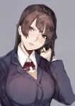  1girl bow bowtie braid breasts brown_eyes brown_hair closed_mouth collared_shirt commentary_request french_braid grey_shirt hair_ornament hairclip hand_up head_tilt highres hiranko jacket large_breasts long_hair long_sleeves nijisanji purple_jacket red_neckwear shirt sketch solo tsukino_mito vest wing_collar 