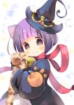  1girl animal_ears bell blush closed_mouth commentary_request copyright_request hat jingle_bell kuga_tsukasa long_sleeves looking_at_viewer purple_hair red_ribbon ribbon short_hair sleeves_past_wrists smile solo staff upper_body violet_eyes wide_sleeves witch witch_hat 