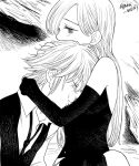  1boy 1girl blush closed_eyes elbow_gloves elizabeth_liones gloves greyscale harumiya hug jewelry long_hair meliodas monochrome nanatsu_no_taizai necktie single_earring spoilers tears twitter_username 