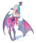  1girl absurdres animal_print bare_shoulders bat_print blush breasts cleavage demon_girl full_body green_hair hands_together head_wings highres large_breasts leotard looking_up morrigan_aensland open_mouth pantyhose print_legwear simple_background solo standing succubus v_arms vampire_(game) watermark web_address white_background wings xavier_houssin 
