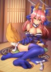  1girl :3 animal_ears blue_legwear blue_ribbon blush breasts cleavage commentary_request detached_sleeves fate/extra fate/grand_order fate_(series) fox_ears fox_tail hair_ribbon highres indoors japanese_clothes kaiyi large_breasts long_hair looking_at_viewer pink_hair ribbon solo tail tamamo_(fate)_(all) tamamo_no_mae_(fate) yellow_eyes 