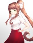  1girl arm_at_side brown_hair casual commentary doki_doki_literature_club english_commentary eyebrows_visible_through_hair gradient gradient_background green_eyes hair_ribbon hand_on_hip highres long_hair long_skirt looking_at_viewer monika_(doki_doki_literature_club) puffy_short_sleeves puffy_sleeves red_skirt ribbon shirt short_sleeves sidelocks simple_background skirt smile solo tsukimaru very_long_hair white_ribbon white_shirt 
