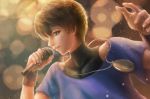  1boy arm_up brown_eyes brown_hair chris_(kof) earrings jewelry microphone necklace short_hair shota smile solo sparkle the_king_of_fighters 