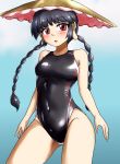  1girl ajirogasa black_hair black_swimsuit blush braid breasts competition_swimsuit d-m_(dii_emu) earlobes hat highres jizou long_hair looking_at_viewer one-piece_swimsuit open_mouth red_eyes small_breasts solo swimsuit touhou twin_braids yatadera_narumi 