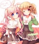  2girls ;o animal_ears bangs black_legwear blue_eyes blush bone_hair_ornament bow brown_bow brown_footwear brown_hair brown_skirt bunny_girl bunny_tail carrot_hair_ornament closed_mouth commentary_request dog_ears dog_girl dog_tail eyebrows_visible_through_hair food_themed_hair_ornament frilled_sailor_collar frills green_jacket hair_between_eyes hair_bow hair_ornament hair_ribbon hairclip haru_ichigo high-waist_skirt highres jacket long_hair long_sleeves looking_at_viewer looking_back multiple_girls one_eye_closed open_clothes open_jacket original pantyhose parted_lips pink_hair pleated_skirt puffy_short_sleeves puffy_sleeves rabbit_ears ribbon sailor_collar shirt shoe_soles short_sleeves sidelocks skirt tail translation_request twintails twitter_username very_long_hair white_bow white_legwear white_sailor_collar white_shirt yellow_ribbon 
