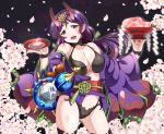  1girl :d black_legwear black_panties breasts cherry_blossoms cleavage collarbone contrapposto cosplay cowboy_shot cup fang floating_hair flower green_eyes green_ribbon hair_between_eyes hair_ribbon head_tilt holding horns japanese_clothes jewelry kimono large_breasts long_hair love_live! love_live!_school_idol_project obi open_clothes open_kimono open_mouth panties pink_flower pointy_ears poruporu purple_hair purple_kimono ribbon ring sakazuki sash shiny shiny_skin shuten_douji_(fate/grand_order) shuten_douji_(fate/grand_order)_(cosplay) sky smile solo standing star_(sky) starry_sky thigh-highs toujou_nozomi twintails underwear 