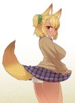  :o animal_ears ass blonde_hair blush breasts brown_eyes brown_sweater collared_shirt cowboy_shot eyebrows_visible_through_hair fox_ears fox_tail from_behind hair_ornament hair_scrunchie highres large_breasts long_sleeves looking_at_viewer looking_back neck_ribbon one_side_up original panties purple_skirt ribbon scrunchie shirt short_hair skirt standing sumiyao_(amam) sweater tail tail_lift underwear unmoving_pattern white_panties wing_collar 