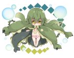  1girl bangs bare_legs barefoot blush bow bow_panties breasts commentary_request eyebrows_visible_through_hair green_bow green_eyes green_hair hair_between_eyes long_hair milkpanda monster_hunter navel panties parted_lips personification pink_panties pom_pom_(clothes) slit_pupils small_breasts solo underwear yama_tsukami 