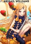  1girl :q abigail_williams_(fate/grand_order) asymmetrical_legwear bangs black_bow black_hat black_legwear black_panties blonde_hair blurry blurry_background bow character_name closed_mouth commentary_request depth_of_field fate/grand_order fate_(series) food food_on_face fork fruit hat hat_bow highres holding holding_fork kurono_kito long_hair looking_at_viewer orange_bow oversized_object panties parted_bangs pouring red_eyes revealing_clothes single_thighhigh sitting smile solo strawberry thigh-highs tongue tongue_out topless underwear very_long_hair witch_hat 