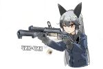  1girl animal_ears bow bowtie coat eyebrows_visible_through_hair fox_ears fur_trim gloves gm94 grenade_launcher grey_hair highres kemono_friends long_hair long_sleeves multicolored_hair necktie omnisucker one_eye_closed silver_fox_(kemono_friends) silver_hair solo sound_effects translation_request upper_body weapon 