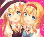  2girls :d absurdres alice_margatroid black_hat blonde_hair blue_eyes bow breasts capelet cleavage commentary_request hair_between_eyes hair_bow hairband hat highres kirisame_marisa lolita_hairband long_hair looking_at_viewer medium_breasts multiple_girls neck_ribbon nenobi_(nenorium) open_mouth pink_background puffy_short_sleeves puffy_sleeves red_hairband red_neckwear red_ribbon ribbon short_hair short_sleeves smile touhou upper_body white_bow white_capelet wing_collar witch_hat 