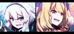  2girls :d absurdres anne_bonny_(fate/grand_order) bangs black_hairband black_ribbon blonde_hair blue_eyes blush commentary_request eyebrows_visible_through_hair facial_scar fate/grand_order fate_(series) hair_between_eyes hair_ribbon hairband highres long_hair mary_read_(fate/grand_order) multiple_girls open_mouth protected_link red_eyes ribbon scar silver_hair smile two_side_up upper_teeth wada_kazu 