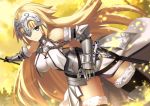  1girl armor armored_dress ashiwara_yuu bangs bare_shoulders black_legwear blonde_hair blue_eyes breasts closed_mouth commentary_request dress dutch_angle eyebrows_visible_through_hair fate/apocrypha fate_(series) fur-trimmed_legwear fur_trim gauntlets hair_between_eyes headpiece holding jeanne_d&#039;arc_(fate) jeanne_d&#039;arc_(fate)_(all) large_breasts long_hair looking_at_viewer outstretched_arm solo thigh-highs v-shaped_eyebrows very_long_hair white_dress 