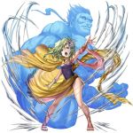  1boy 1girl arm_up armpits artist_request bracer cape final_fantasy final_fantasy_iv fingerless_gloves gem gloves green_eyes green_hair hair_ornament leotard long_hair muscle navy_blue_leotard official_art open_mouth outstretched_arm rydia sandals sarong shouting single_glove source_request titan_(final_fantasy) wind wind_lift yellow_cape yellow_sarong 
