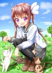  &gt;_&lt; 1girl :3 :d =_= animal black_legwear blue_sky blush bow brown_footwear brown_hair cat cat_teaser cattail closed_eyes closed_mouth clouds commentary_request day fang grey_sailor_collar grey_skirt hair_bow highres loafers long_hair looking_at_viewer momochi_tamate open_mouth outdoors plant pleated_skirt sailor_collar school_uniform serafuku shirt shoes sidelocks skirt sky slow_start smile solo sparkle squatting thigh-highs tree twintails very_long_hair violet_eyes white_bow white_shirt zenon_(for_achieve) 