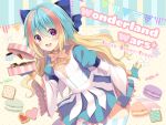  1girl :d bangs blonde_hair blue_bow blue_gloves blue_hair blue_skirt blush bow breasts candy_wrapper character_request checkerboard_cookie commentary_request cookie copyright_name eyebrows_visible_through_hair food frilled_bow frills gloves hair_between_eyes hair_bow holding kuroe_(sugarberry) leaning_forward long_sleeves macaron multicolored_hair open_mouth pennant puffy_short_sleeves puffy_sleeves shirt short_over_long_sleeves short_sleeves skirt small_breasts smile solo string_of_flags striped striped_legwear sunshine_creation thigh-highs two-tone_hair upper_teeth vertical-striped_legwear vertical_stripes violet_eyes white_shirt wide_sleeves wonderland_wars 