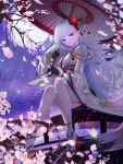  1girl absurdres azur_lane bangs black_gloves blue_eyes blunt_bangs blush breasts bridge cherry_blossoms closed_mouth collarbone eyebrows_visible_through_hair floating_hair flower gloves hair_flower hair_ornament head_tilt highres holding holding_umbrella japanese_clothes kimono large_breasts long_hair looking_at_viewer mole mole_under_eye moon neiless_neiro night night_sky partly_fingerless_gloves rain shoukaku_(azur_lane) sidelocks silver_hair sitting sky smile solo star_(sky) starry_sky thigh-highs thighs umbrella water water_drop wide_sleeves wind 