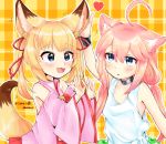  2girls :3 :d ahoge animal_ears arm_up bell blonde_hair blue_eyes cat_ears choker choko_omochi detached_sleeves fang fox_ears fox_tail hair_bobbles hair_ornament hand_on_another&#039;s_ear highres hinata_channel japanese_clothes jingle_bell kemomimi_vr_channel long_hair low_twintails miko mikoko_(kemomimi_vr_channel) miniskirt multiple_girls nekomiya_hinata open_mouth petting pink_hair pink_shirt red_skirt ribbon shirt skirt smile tail twintails upper_body vest virtual_youtuber white_vest 