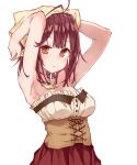  1girl :o alt antenna_hair armpits arms_up atelier_(series) atelier_sophie bare_shoulders blush breasts brown_eyes brown_hair cleavage highres jewelry looking_at_viewer medium_breasts necklace short_hair simple_background solo sophie_neuenmuller upper_body white_background 
