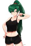  1girl bare_shoulders blush breasts fire_emblem fire_emblem:_rekka_no_ken green_eyes green_hair high_ponytail highres large_breasts long_hair looking_at_viewer lyndis_(fire_emblem) ormille ponytail shirt simple_background solo very_long_hair white_background 