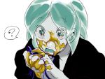  1other ? androgynous colored_eyelashes eyes_visible_through_hair gem_uniform_(houseki_no_kuni) gold green_eyes green_hair houseki_no_kuni looking_at_viewer necktie phosphophyllite short_hair solo spoilers spoken_question_mark tezo_(mokka_mk) upper_body white_background 